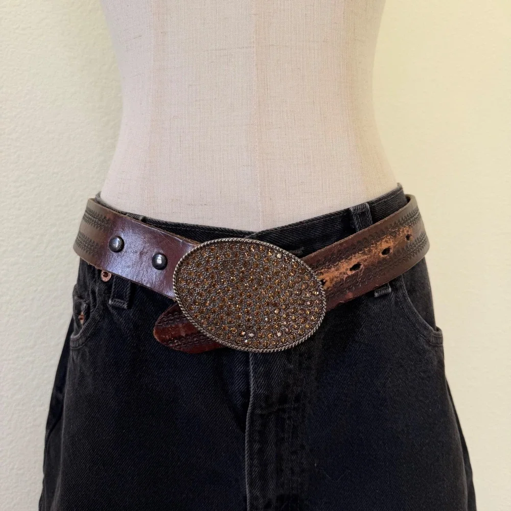 Vintage Brown Leather Western Belt Oval‎ Rhinestone Buckle Tooled Mexico Size 32